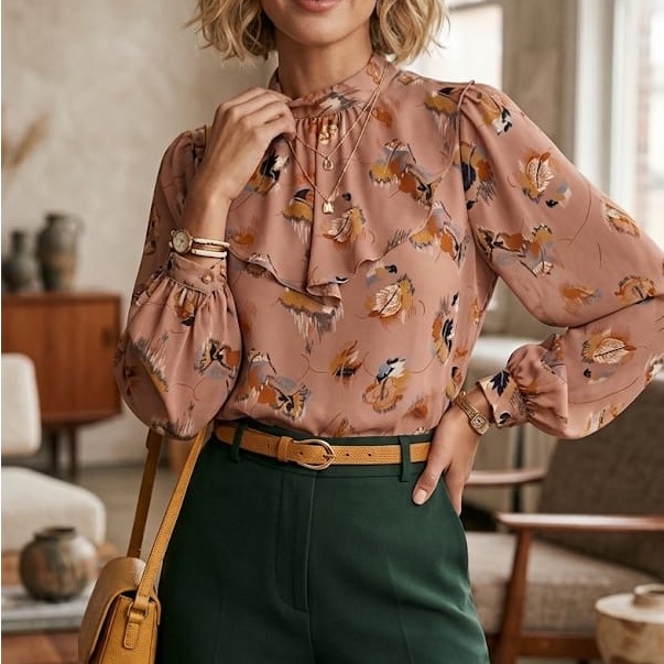 Jonathan Martin Dusty Rose Floral Ruffle Neck Blouse